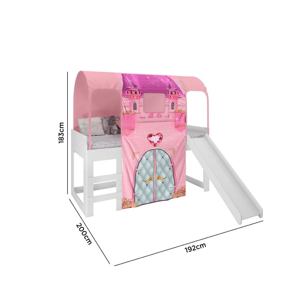 Cama Infantil Alta Joy com Escorregador/Dossel Barraca Castelo e Led - Rosa/Branco - 6