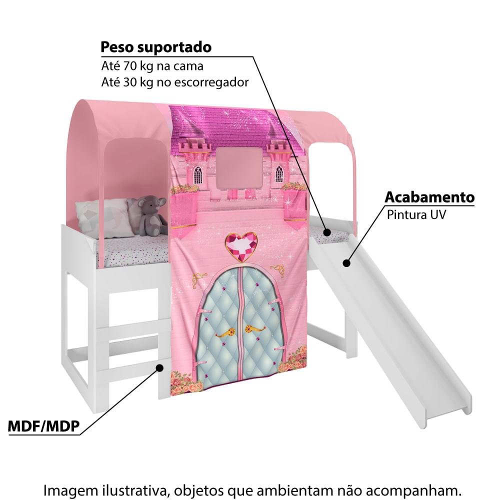 Cama Infantil Alta Joy com Escorregador/Dossel Barraca Castelo e Led - Rosa/Branco - 2