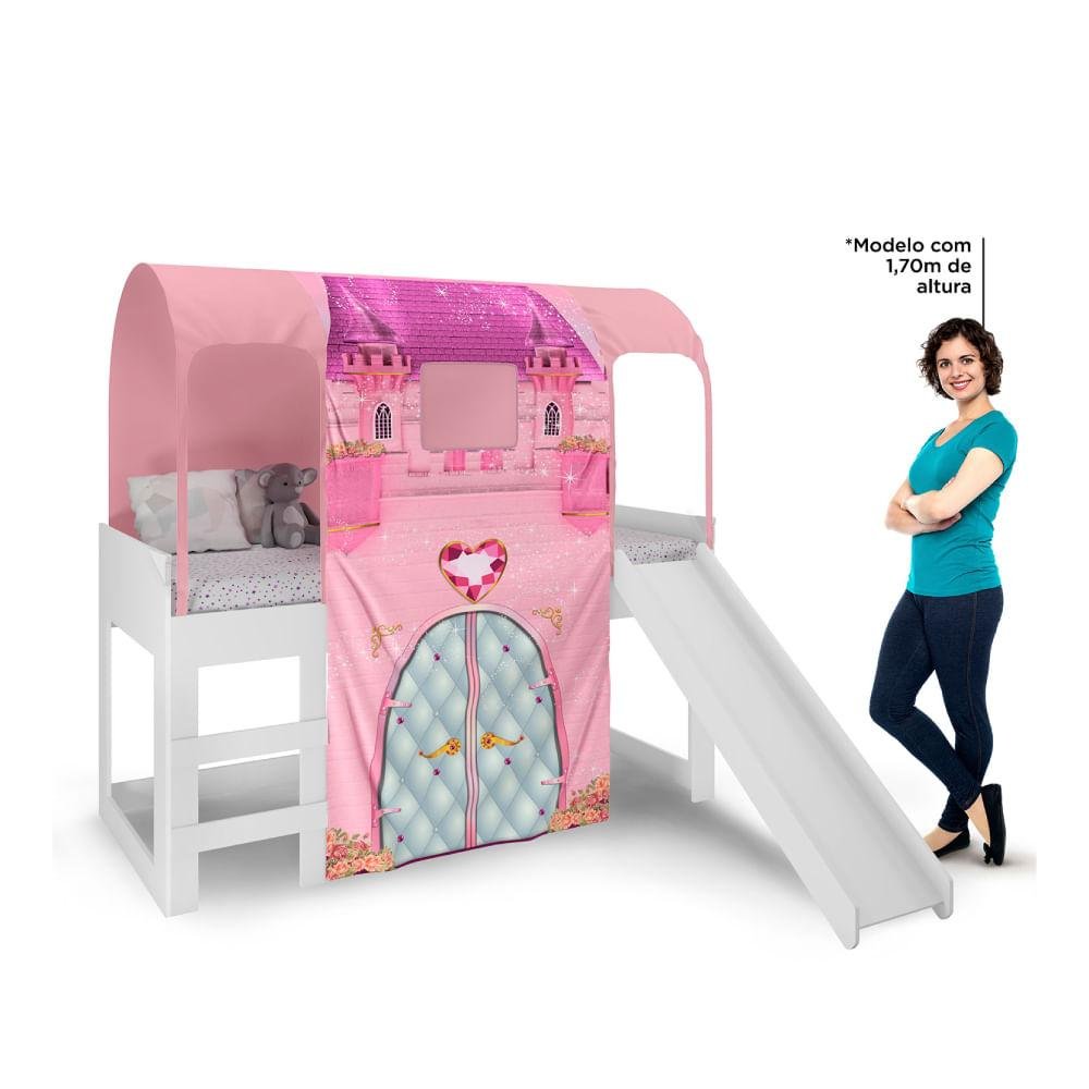 Cama Infantil Alta Joy com Escorregador/Dossel Barraca Castelo e Led - Rosa/Branco - 5