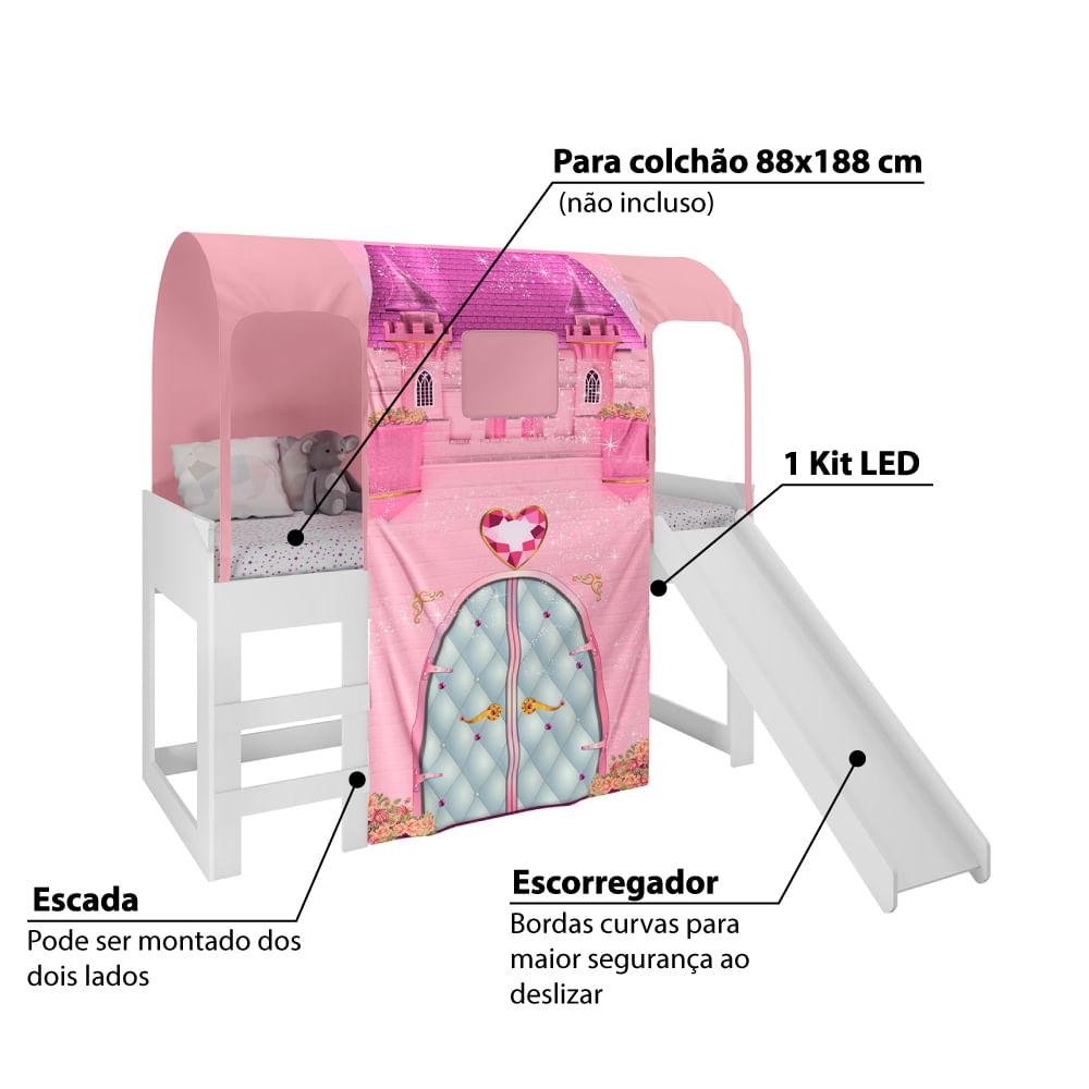 Cama Infantil Alta Joy com Escorregador/Dossel Barraca Castelo e Led - Rosa/Branco - 3