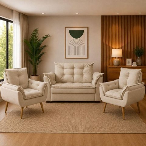 Sofá 2 Lugares e 2 Poltrona Decorativa para Sala de Estar Suede Bege