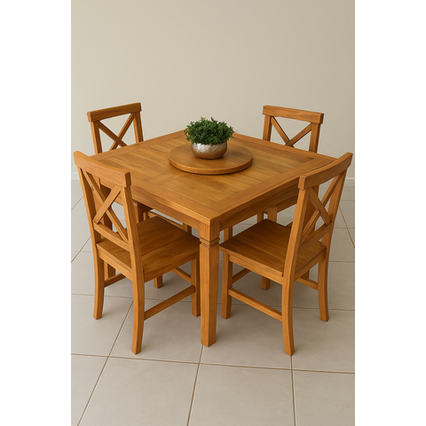 Conjunto Mesa Quadrada Marchetada com Prato Giratório 110x110cm + 4 Cadeiras de Madeira de Demolição