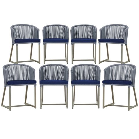 8 Cadeiras de Jantar Área Noronha em Alumínio com Pintura Fendi Corda Náutica Estofado 10 Trama Orig