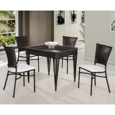 Jogo de Jantar Mesa Quadrada 1,00x1,00 e 4 Cadeiras em Aço e Junco Tabaco Terena Courino Branco