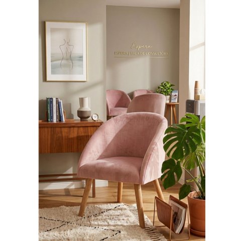 Kit 2 Poltronas Decorativa Luna Estofada Suede Rosa Pés Palito Madeira para Quarto,sala ou Consultór