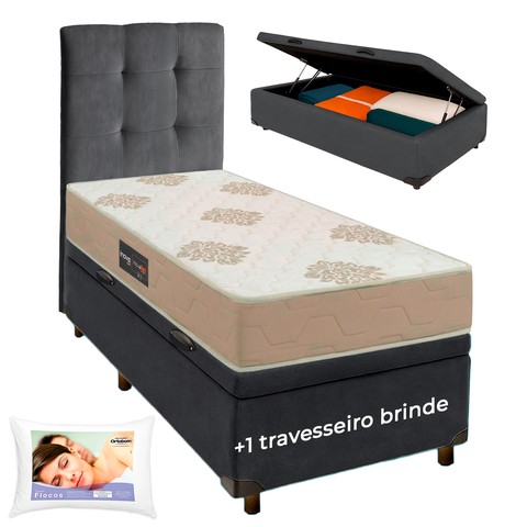 Cama Box Bau + Cabeceira + Colchão Solteiro D33 + Travesseiro Ortobom