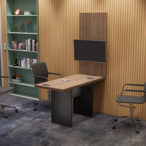 Mesa Para Reunião Tampo 40mm Com Painel Tv Ameixa Negra 1,35x60  Atacadao Dos Móveis