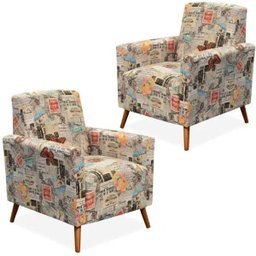 Kit 2 Poltronas Decorativas para Sala de Estar Pés Palito Liz Jornal Collor - Lyam Decor - 1