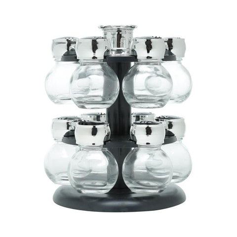 Conjunto 12 Potes Wolff Vidro e Base Giratória Preta