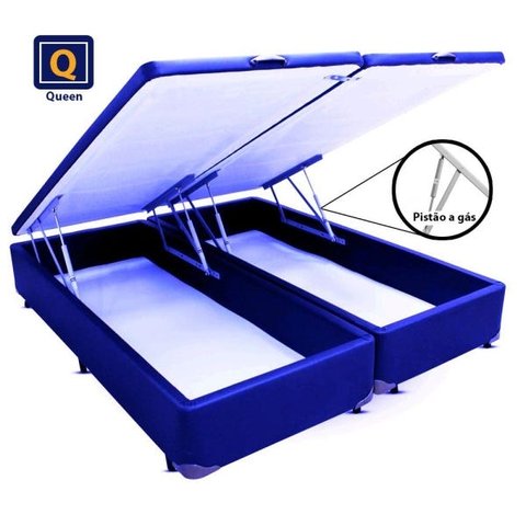 Base Box Baú Queen size Bi partida azul com Pistão a gás