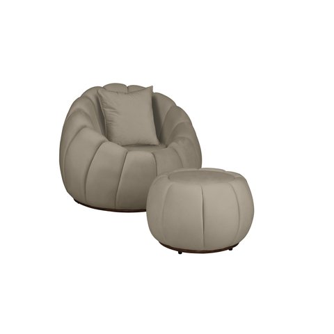 Kit Poltrona Decorativa C/puff e Almofada Concha Veludo Bege - Montanaris Decor