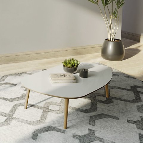 Mesa de Centro Tb625 em Mdf Orgânica 120cm com Pés de Madeira Off White Freijó Dalla Costa