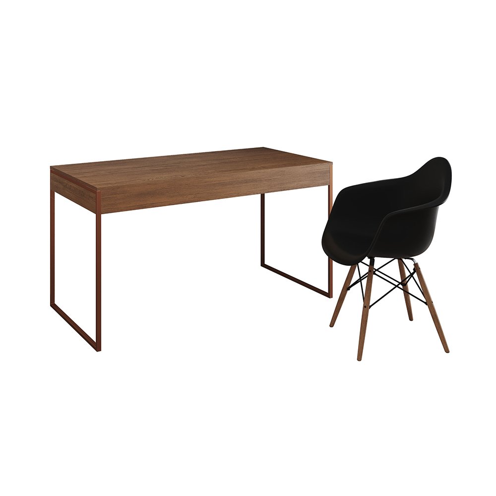 Escrivaninha Home Office Estilo Industrial Malta Amêndoa 137x53cm Base Cobre com 1 Poltrona Preta Ea - 2