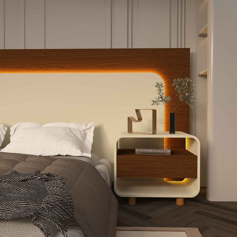 Mesa de Cabeceira Innova 1 Gaveta Pés em Madeira Offwhite com Castanho - Rede Móveis