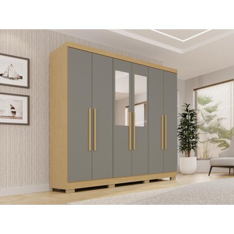 Guarda-Roupa Casal com Espelhos 6 Portas 2 Gavetas 180cm Multimóveis Madeirado/Cinza