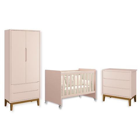 Quarto de Bebê Berço Evolution + Guarda Roupa Classic + Cômoda 3 Gavetas Classic Rosa Fosco