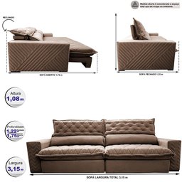 Sofá Retrátil e Reclinável 3.15m Molas Ensacadas Cama inBox Spazus com Bordado 3D Velusoft Castor - 3