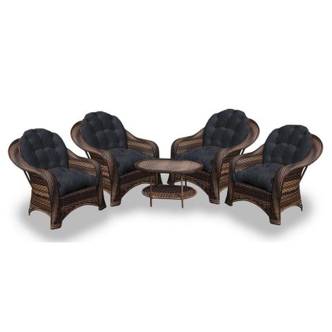 Conjunto de Poltronas Fibra Sintética Roma - 4 Poltronas + 1 Mesa Centro - Tecido Duna Preto