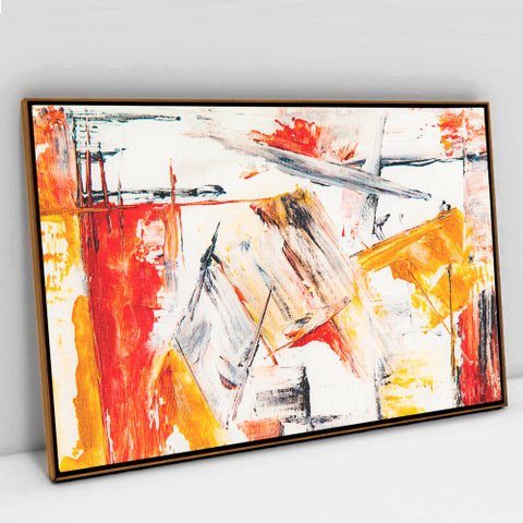 Quadro Decorativo em Canvas Abstrato Mármore Amarelo e Vermelho TaColado Moldura Flutuante 4,5cm Fre