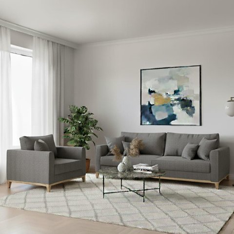 Conjunto de Sofá Beny Cinza, 2 Peças, 1 Sofá 1,80m e 1 Poltrona, Tecido Linho.