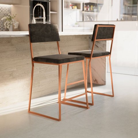 Kit 4 Banquetas Média Balcão Estofada com Encosto Rose Gold Suede Dubai