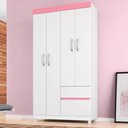 Ver imagem 1 de Guarda Roupa Solteiro 4 Portas e 2 Gavetas Almirante Branco-rosa-branco