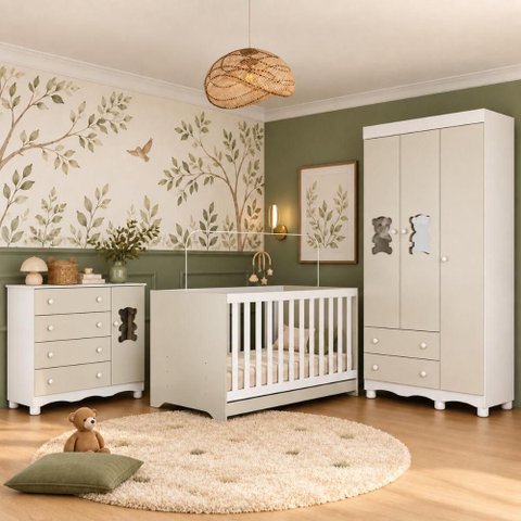 Quarto de Bebê Completo com Berço Americano 3 em 1 Flor Multimóveis MP4917 Branco/Off White