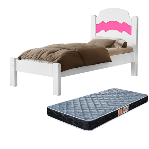 Cama de Solteiro para Quarto Mdf Clássica Iris Tradicional com Colchão 188x88cm:brancorosa