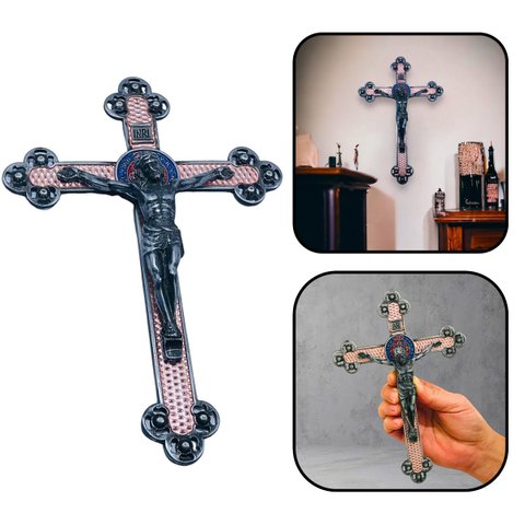 Crucifixo Cruz Parede Medalha de São Bento Prateado 22 Cm