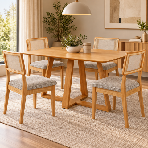 Conjunto Mesa de Jantar MDF 4 Cadeiras Estofadas e Tela Sintética Carvalho Rose/Cinza Escuro - Dalla