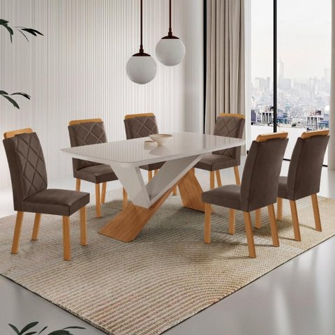 Conjunto Mesa de Jantar 180cm com 6 Cadeiras Estofadas Multimóveis Crrft-CON039 Madeirado/Off White