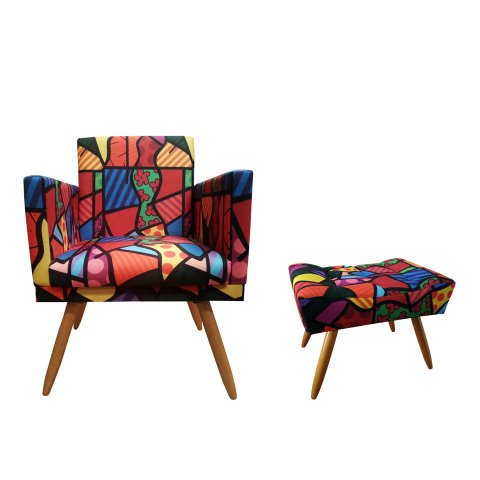 Kit Poltrona Decorativa Nina + Puff Retangular Suede Romero Brito Pés Madeira Ms Decor