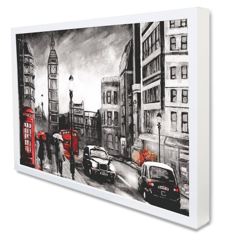 Quadro Decorativo Caixa Cidade Londres - Big Bem Preto, Branco e Vermelho Tacolado Moldura Caixa 3cm
