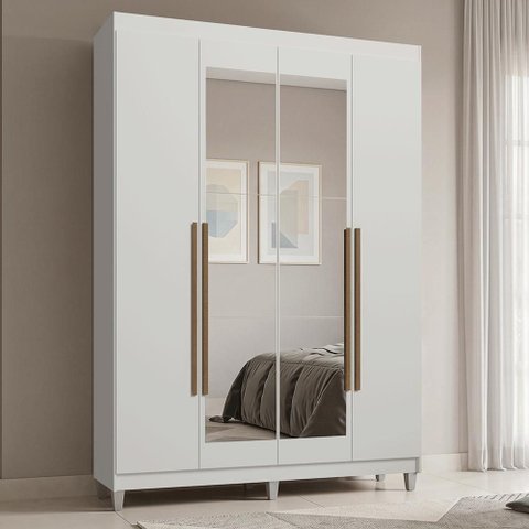 Guarda-Roupa Solteiro com Pés 4 Portas Batentes com Espelho Branco/Branco/Rustic Saturno Madesa