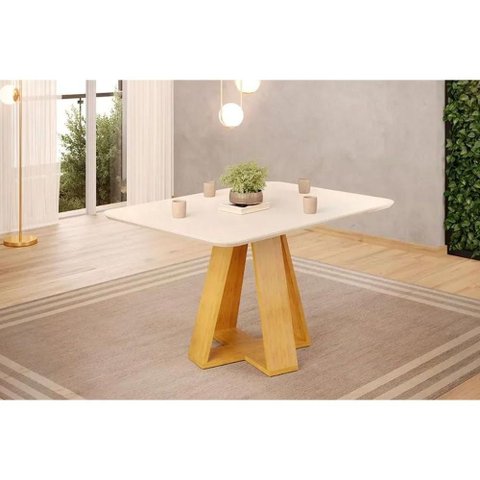 Mesa Multiuso Cozinha Kiara C/ Tampo Madeirado C/ Vidro Curvo 120x90cm Cedro/off White - Dj Móveis