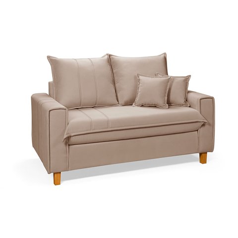 Sofa Living com Bau Multiuso 2 Lugares Suede Pes em Madeira: Bege
