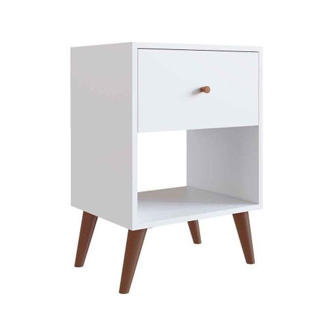 Mesa de Cabeceira com Gaveta Branco com Pés Retro 45cm Nicho Placa e Ponto e Puxador em Madeira