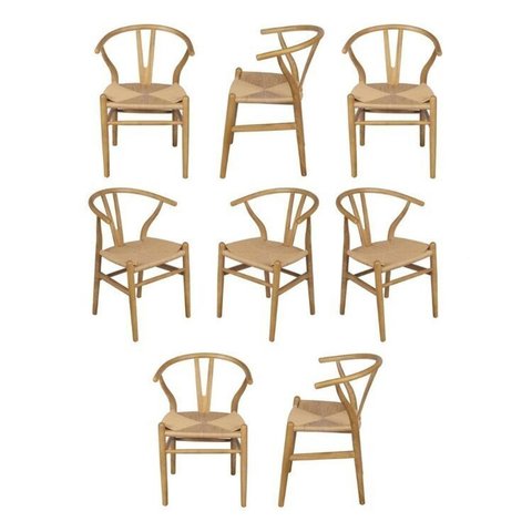 Kit 8 Cadeiras de Jantar Wishbone em Madeira com Assento Rattan Bege