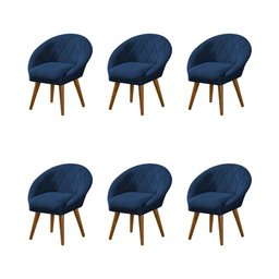 Kit 6 Poltronas Decorativa Canastra Estofada Veludo Azul Marinho Pés Palito em Madeira Maciça - 1
