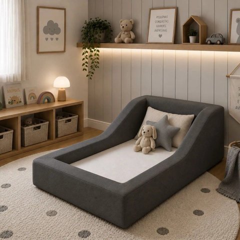 Cama Montessoriana Infantil Estofada Soft Proteção Lateral Cinza Boucle