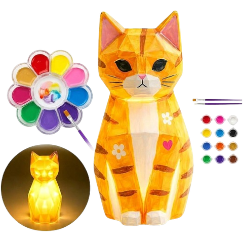 Luminária Gatinho Geométrico Abajur LED Infantil para Pintar + Pintura Tinta Guache Pincel Paleta