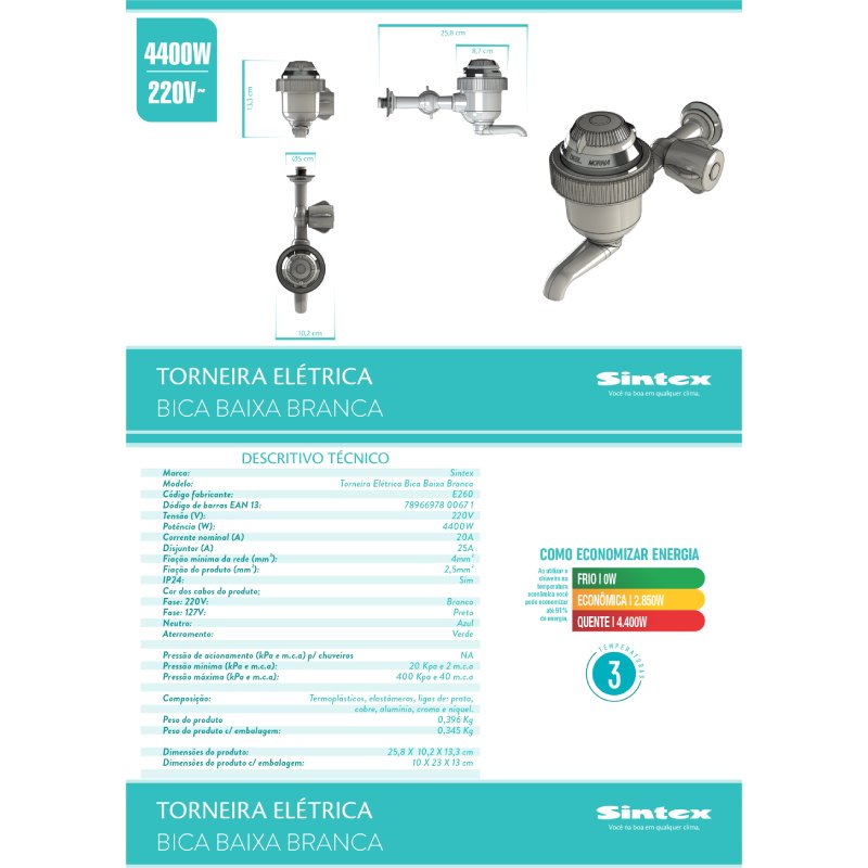 Torneira Elétrica Bica Baixa Branca 220v 4400w - E260 Sintex - 9