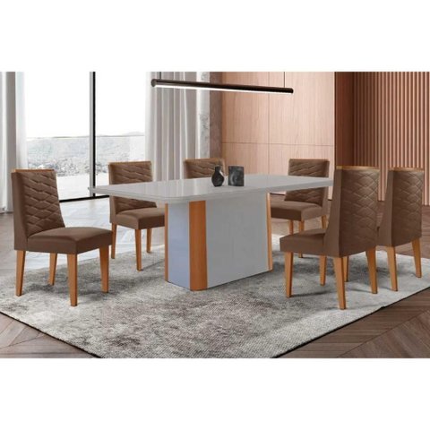 Sala de Jantar Completa Pietá C/ Tampo Madeirado C/ Vidro Canto Curvo 180x90cm e 6 Cadeiras Dafne