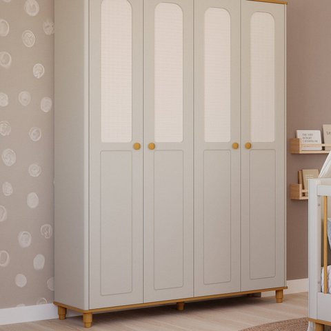 Guarda-Roupa de Bebê 4 Portas 3 Gavetas Bala de Coco Off White/Nature Expresso Móveis Branco