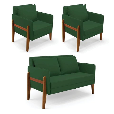 Kit 1 Sofá Namoradeira e 2 Poltronas Lana Veludo Verde Base de Madeira - D’Rossi