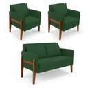 Ver imagem 1 de Kit 1 Sofá Namoradeira e 2 Poltronas Lana Veludo Verde Base de Madeira - D’Rossi