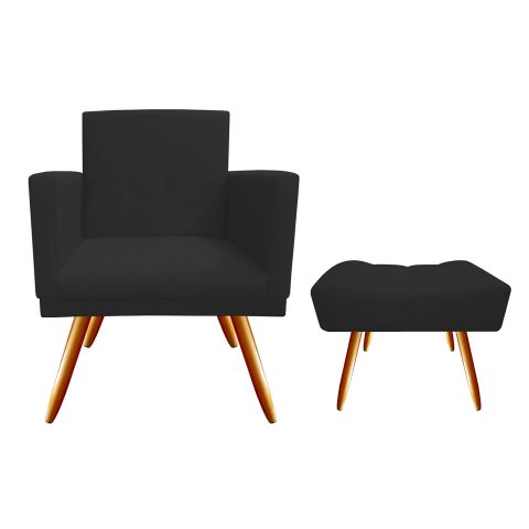 Kit Poltrona Decorativa Bia + Puff Retangular Suede Preto Pés Madeira Ms Decor