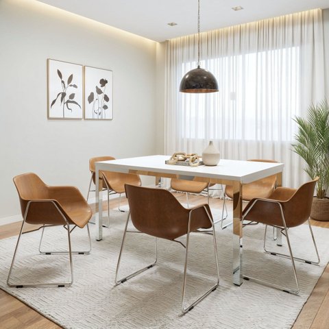 Conjunto Sala de Jantar 6 Lugares Retangular Tampo MDF 160x85cm Mesa Smart com Cadeiras Lodelô Branco/Cromado/Serragem