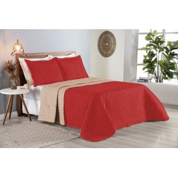 Colcha Cobre Leito Cama Queen 3 Pç Dupla Face Acolchoado Microfibra Vermelho e Bege - 1