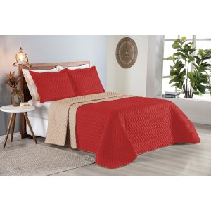Colcha Cobre Leito Cama Queen 3 Pç Dupla Face Acolchoado Microfibra Vermelho e Bege